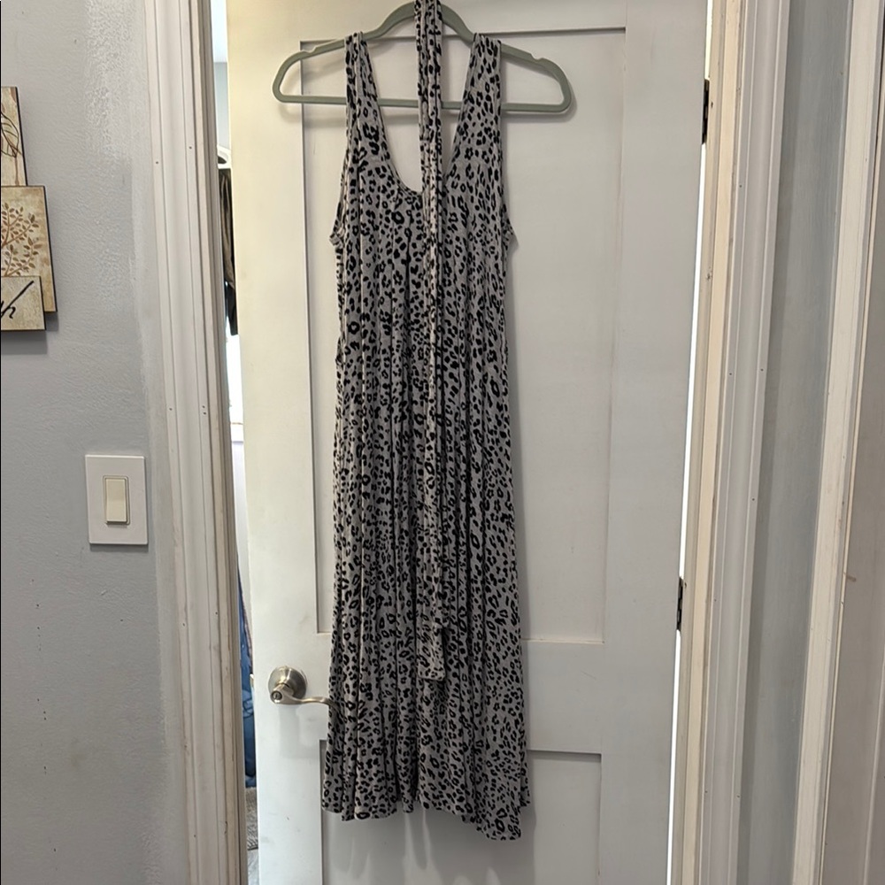 Latched Mama nursing dress in gray and black leopard print